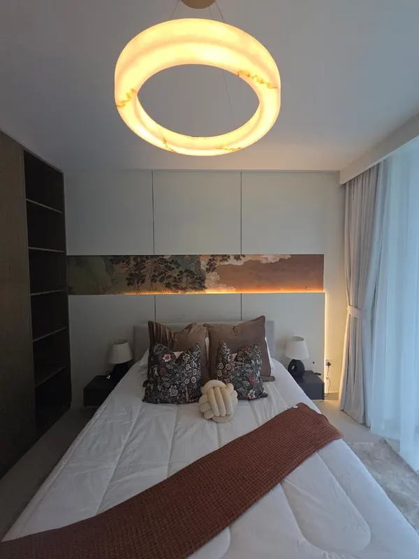 Bedroom with mural headboard